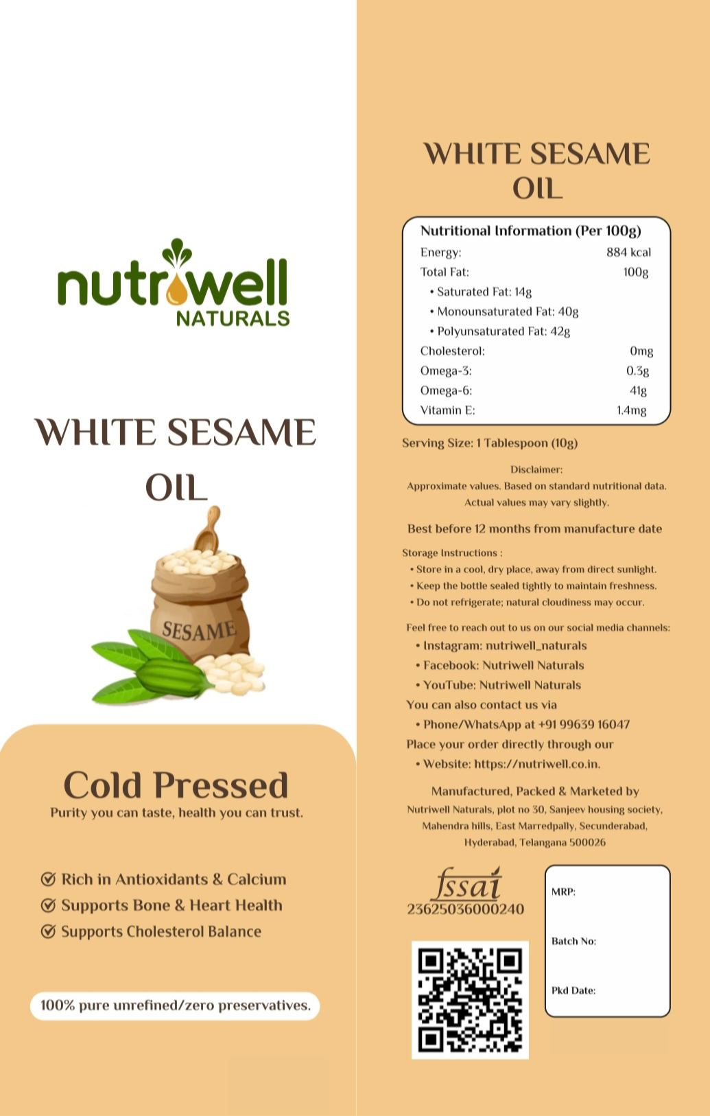 Cold press white sesame oil