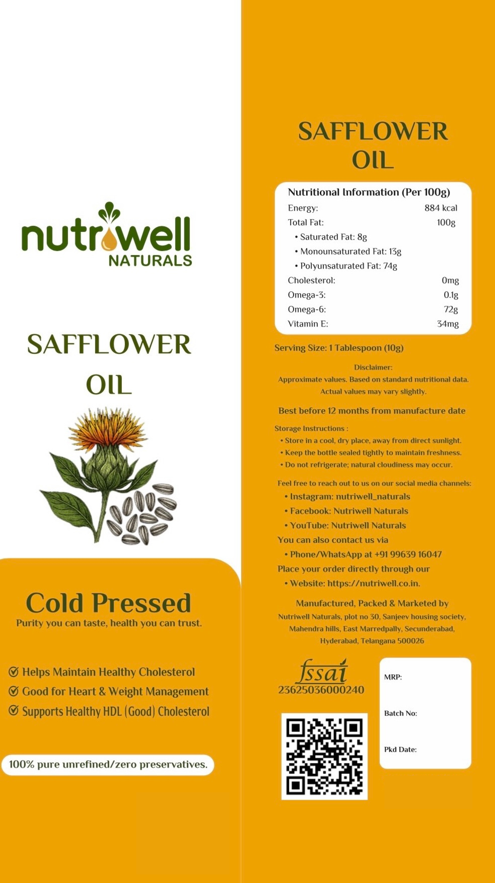 Cold press safflower oil